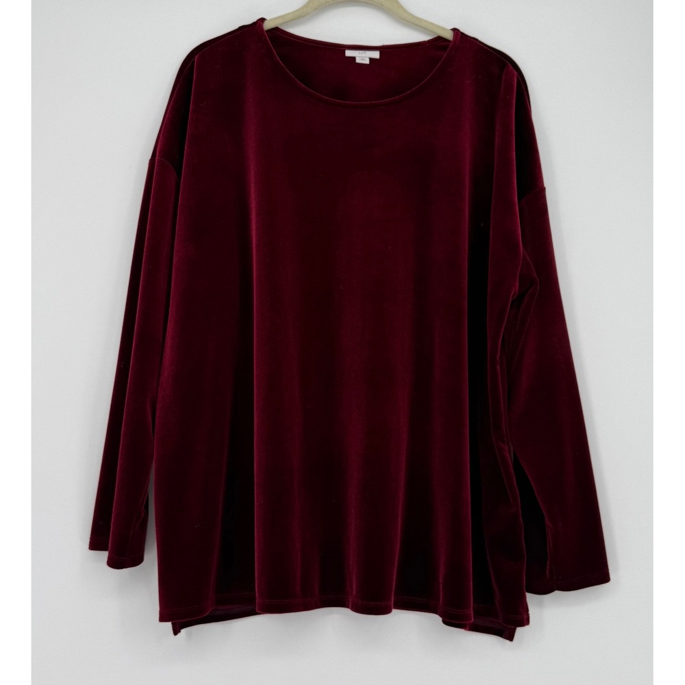 J Jill 2X Velour Velvet Long Sleeve Top Blouse Tunic Burgundy Women's Stretch